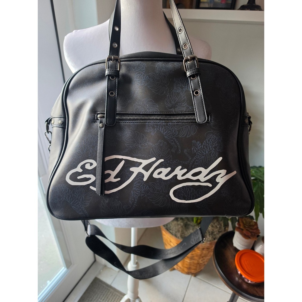 Ed Hardy Black Tattoo Graphic Satchel Bag Tiger Eagle Studded Y2K Bowler Bag - Picture 3 of 5